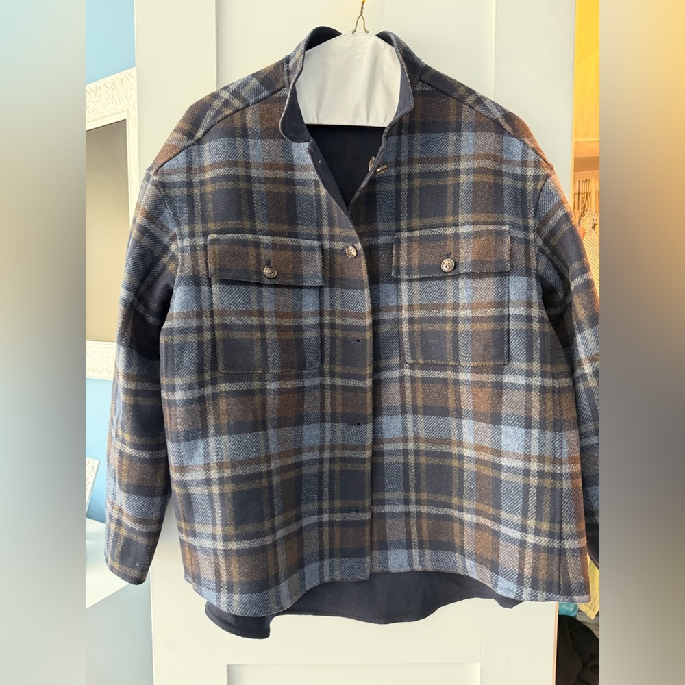 Tuckernuck Blue and Brown Plaid and Navy Teddy Jacket - REVERSIBLE